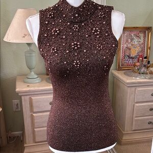 Cache Brown Beaded Sleeveless Blouse
